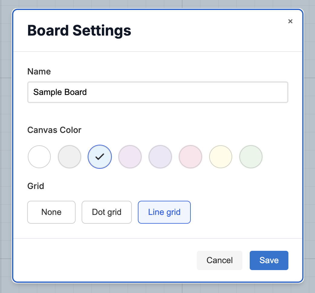 Board Settings dialog with color and grid options