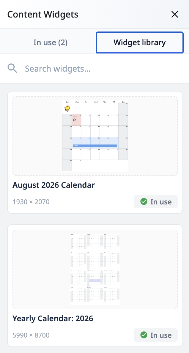 The Content Widgets side panel with Widget library and In use tabs, a search box, and Insert buttons on each widget