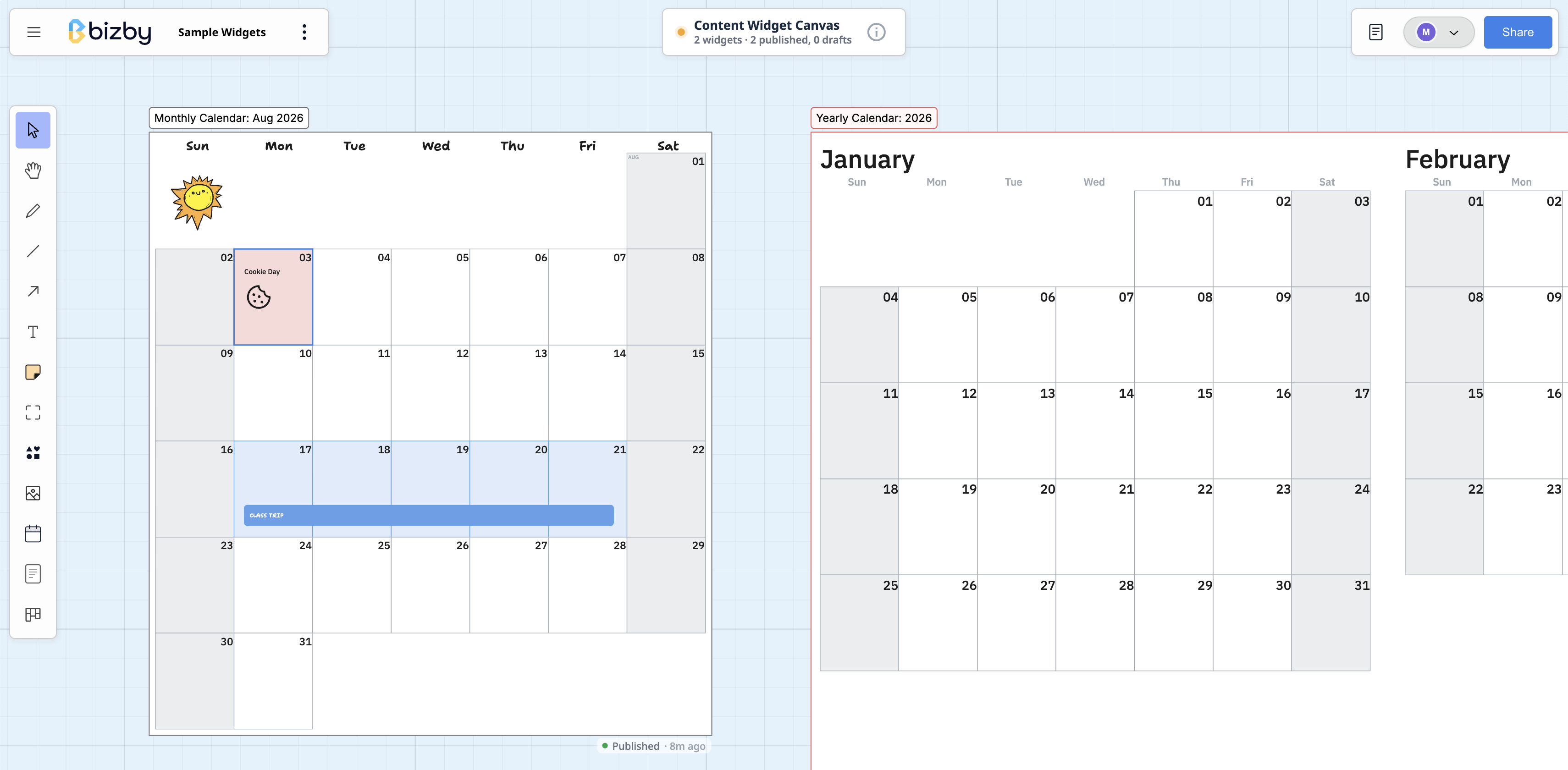 The Content Widget Canvas with the mode pill at the top and several widgets, each showing a Published or Draft marker