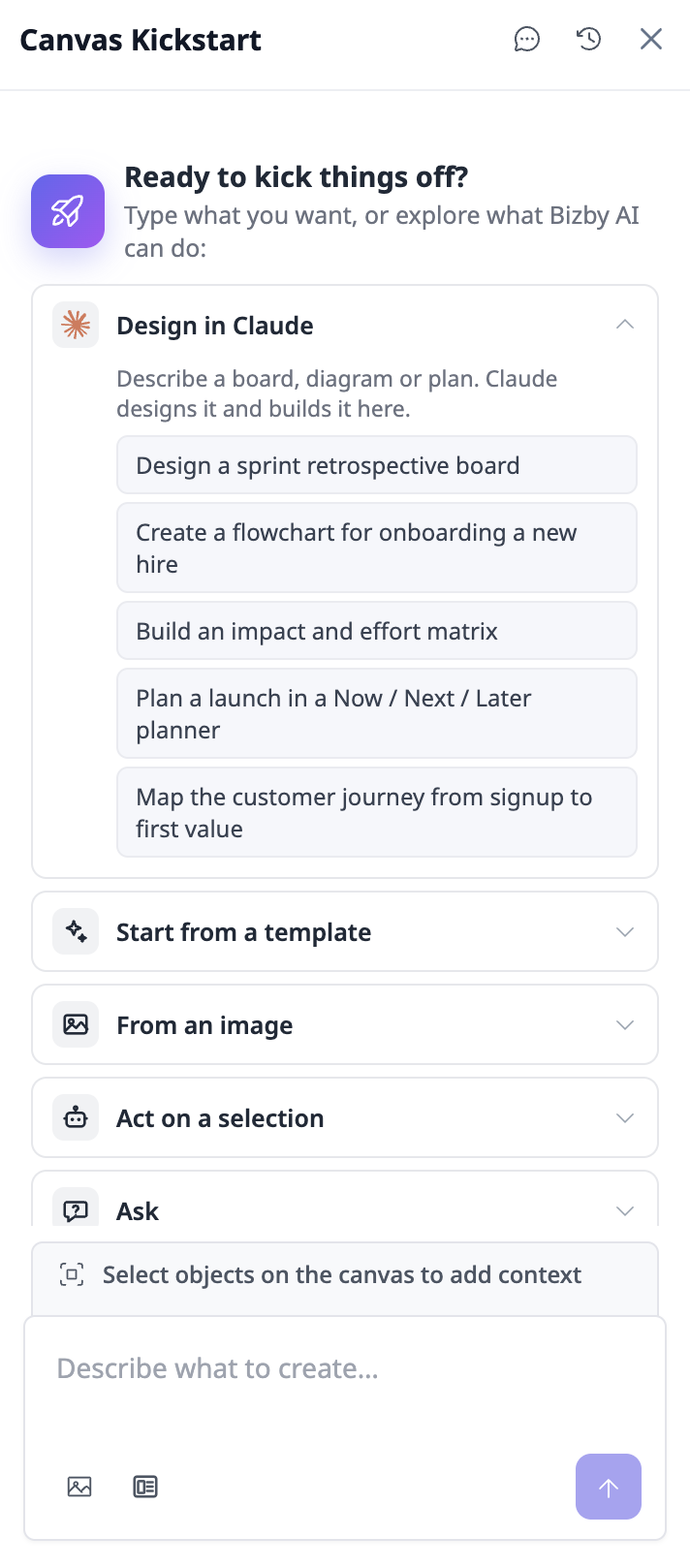 The Kickstart panel with Design in Claude open, showing prompts for a retrospective, a flowchart, a matrix, a planner and a customer journey