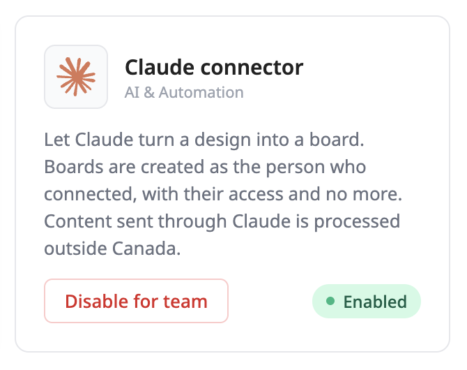 The Claude connector tile in Team settings, showing it enabled with a Disable for team button