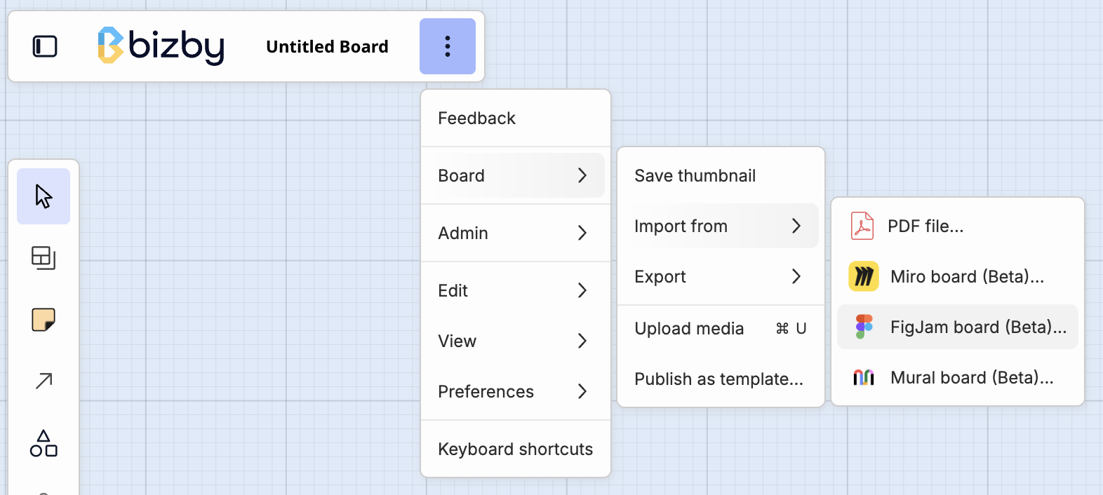 Bizby's main menu open on Board, then Import from, showing the FigJam board (Beta) option