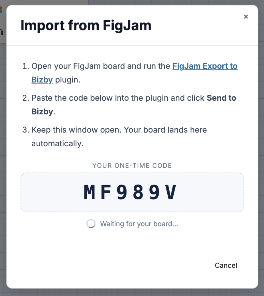 The Import from FigJam dialog in Bizby showing a one-time code and a Waiting for your board message