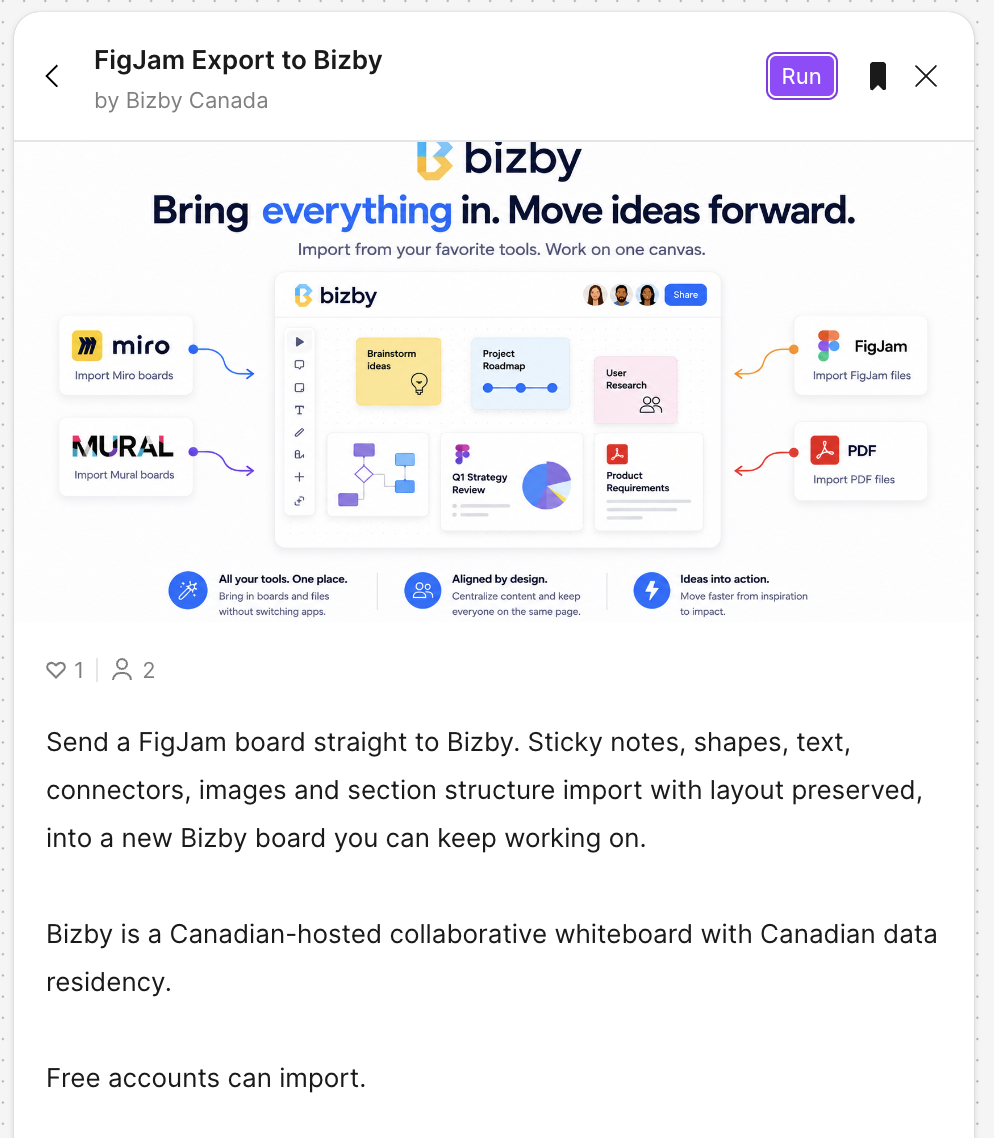 The FigJam Export to Bizby plugin open in FigJam, ready to run