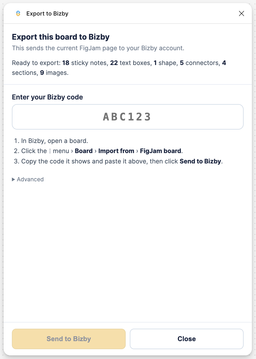 The Export to Bizby plugin dialog showing what will export, a field to enter the Bizby code, and the Send to Bizby button