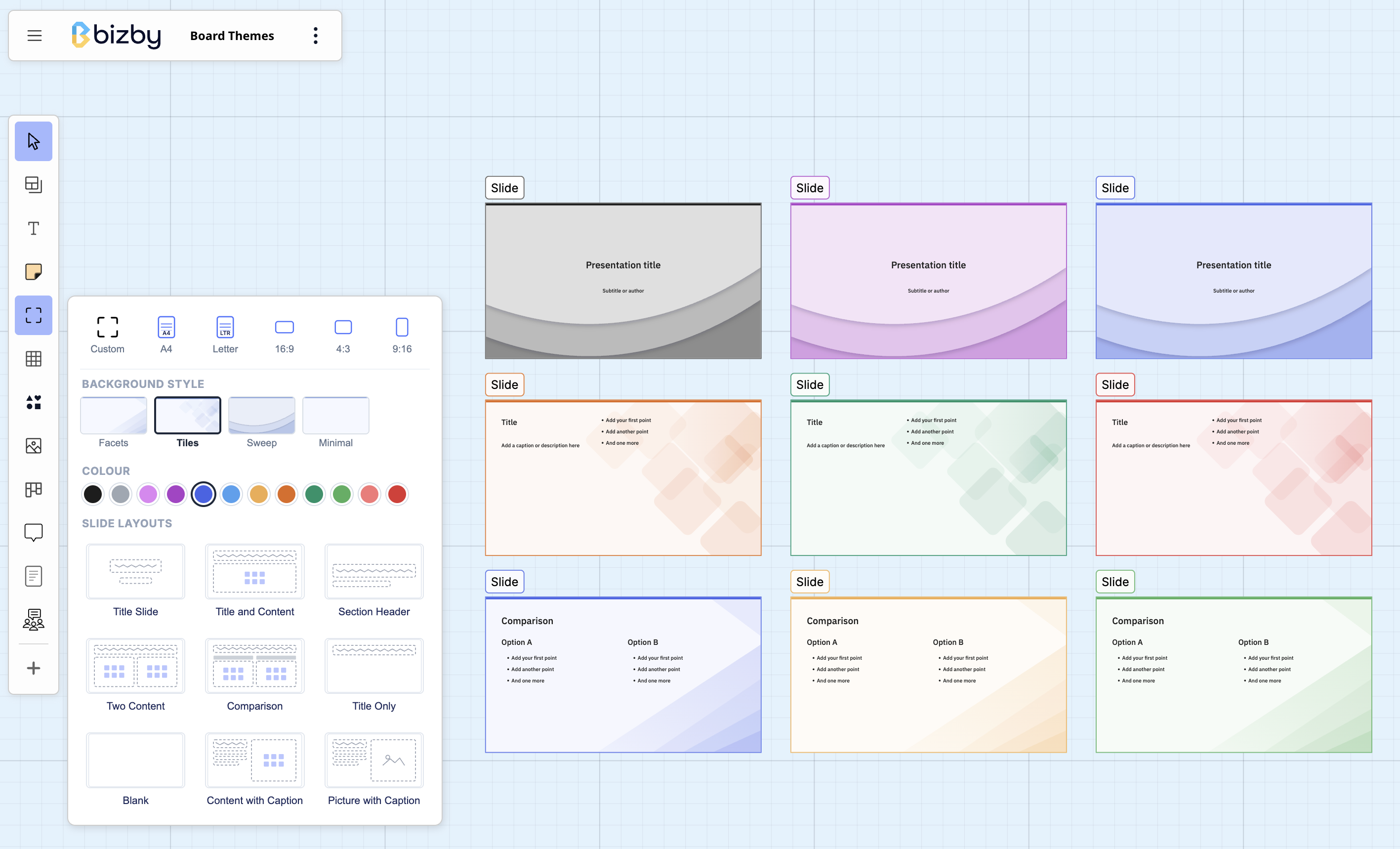 The Frame menu with slide layouts, background styles, and colours, and a themed slide on the board