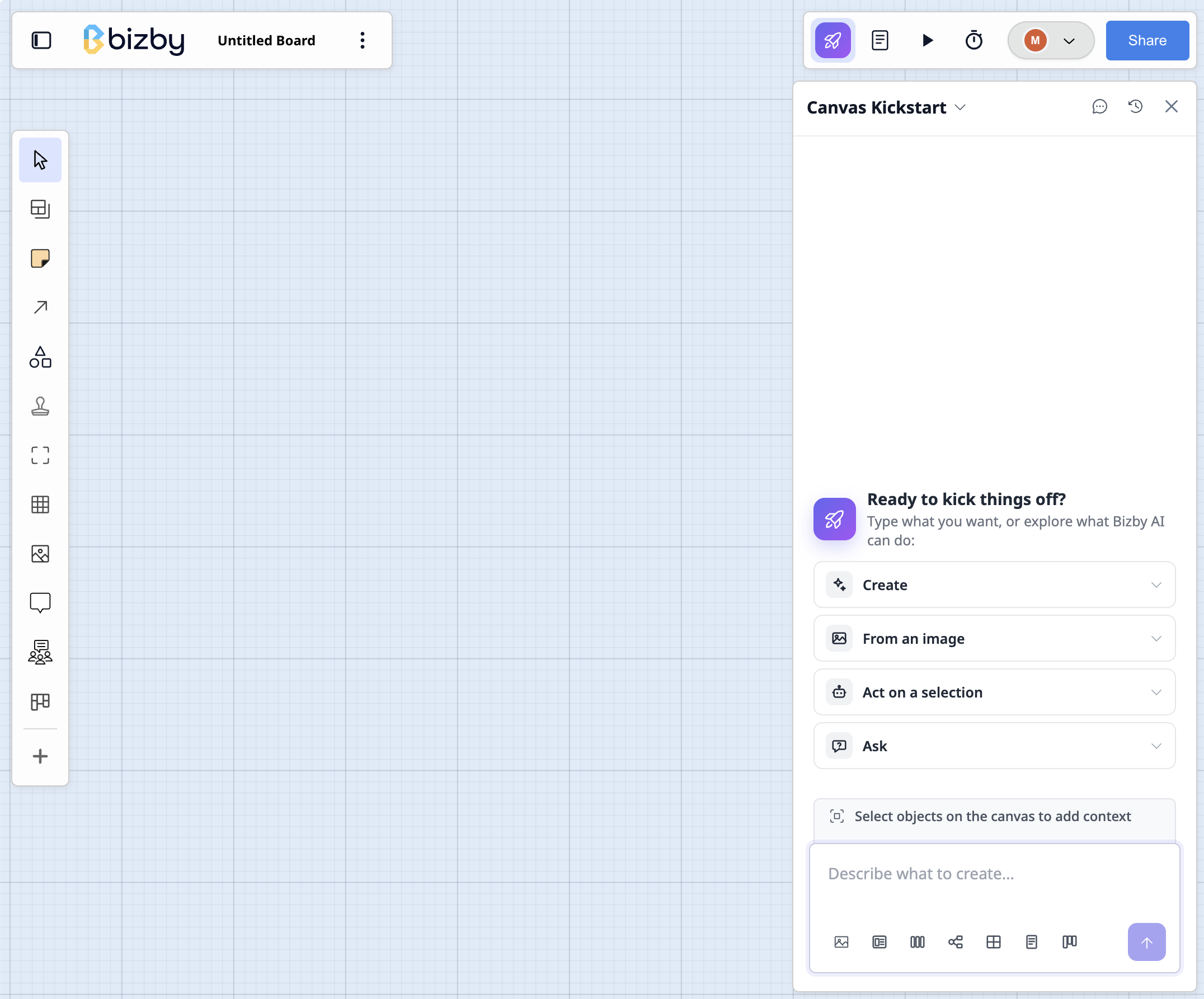 The Bizby Kickstart panel on a new board, offering describe-to-board and templates