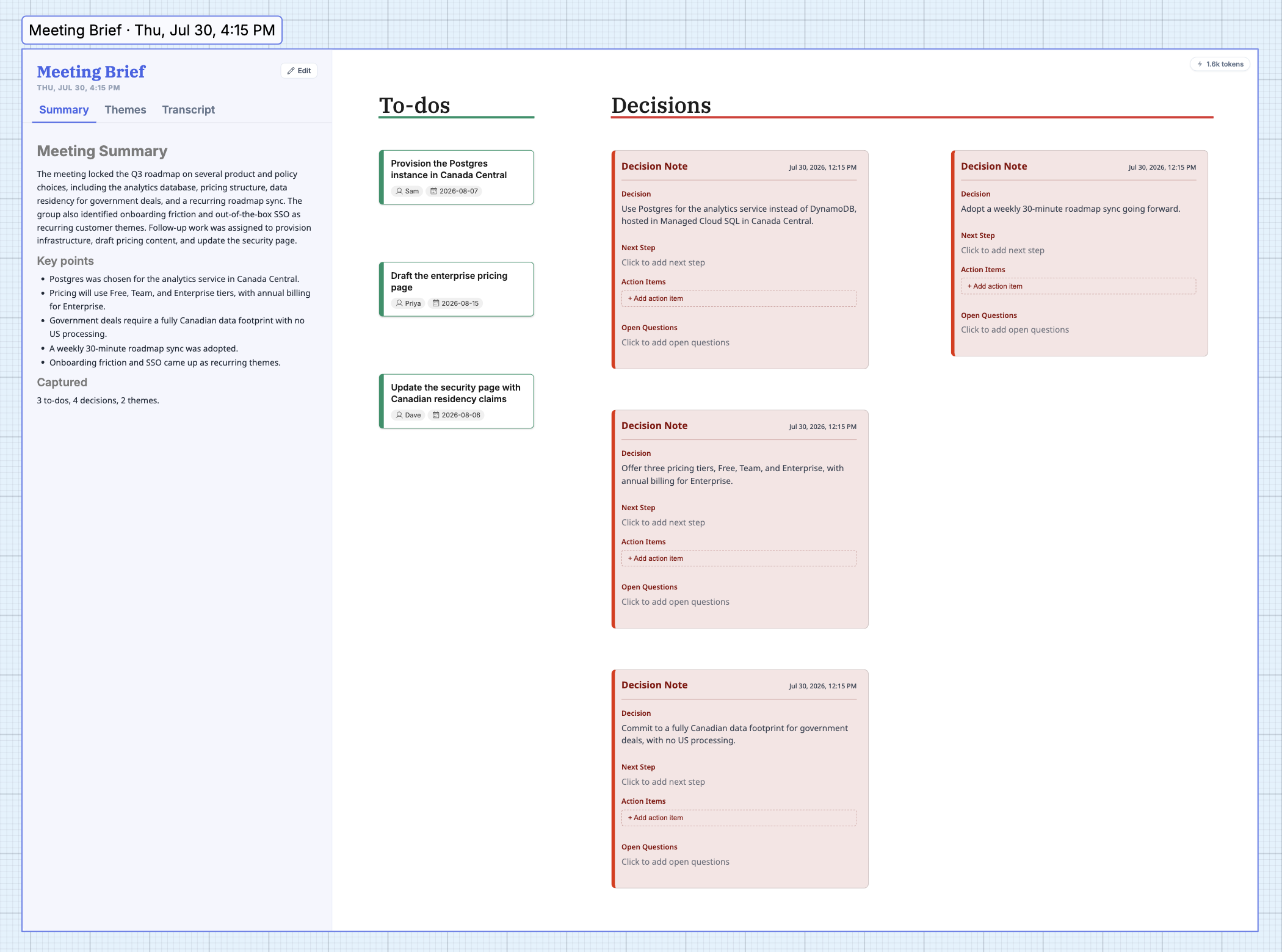 A meeting board with a Meeting Brief side panel, to-do cards, and decision notes