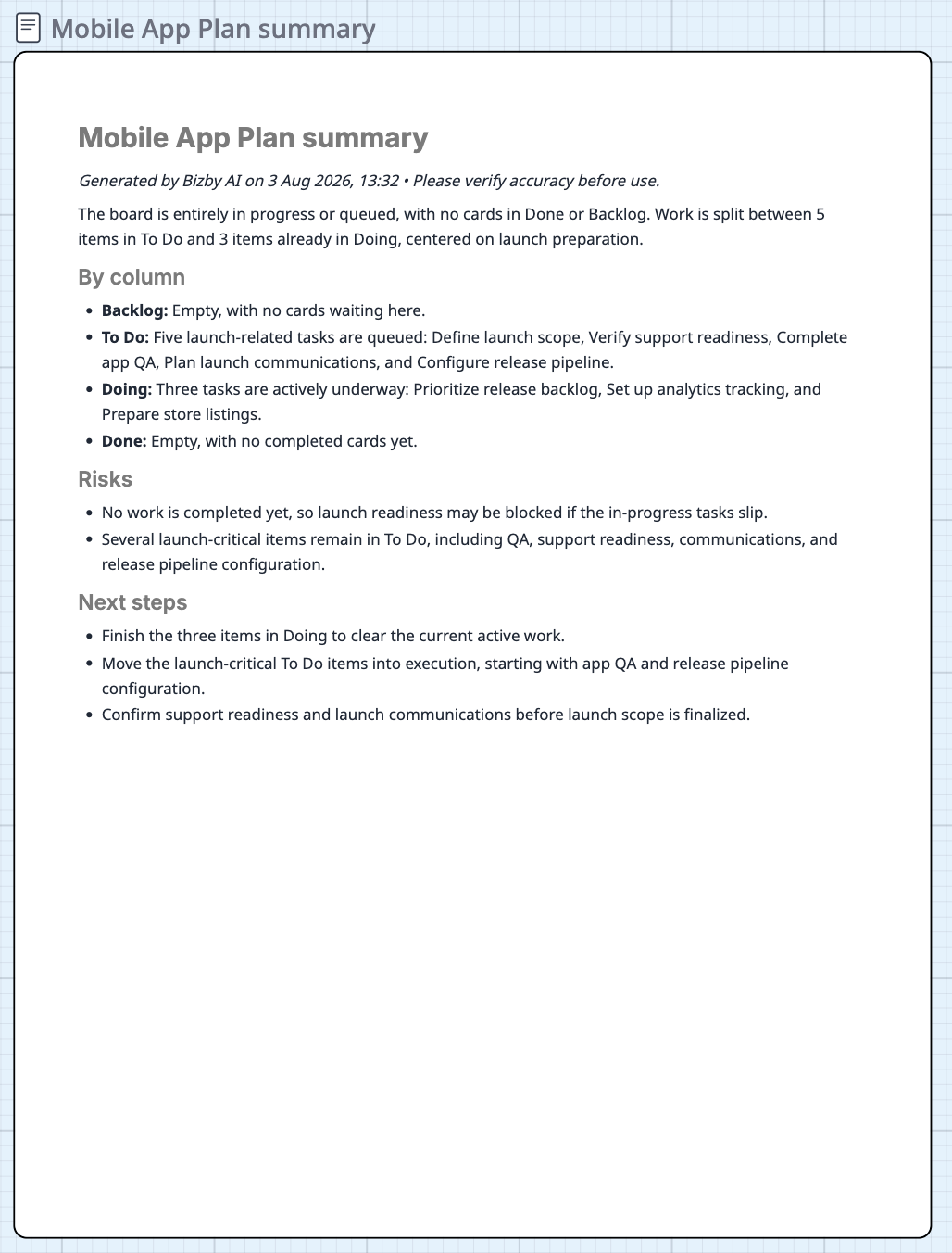 Summarize planner: an editable document recapping each column with risks and next steps