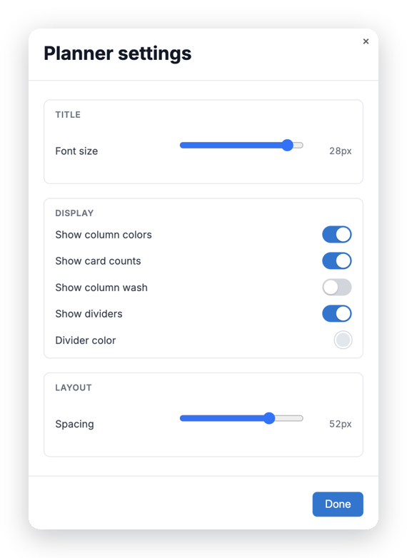 Planner settings: title font size, display toggles, and per-column wash
