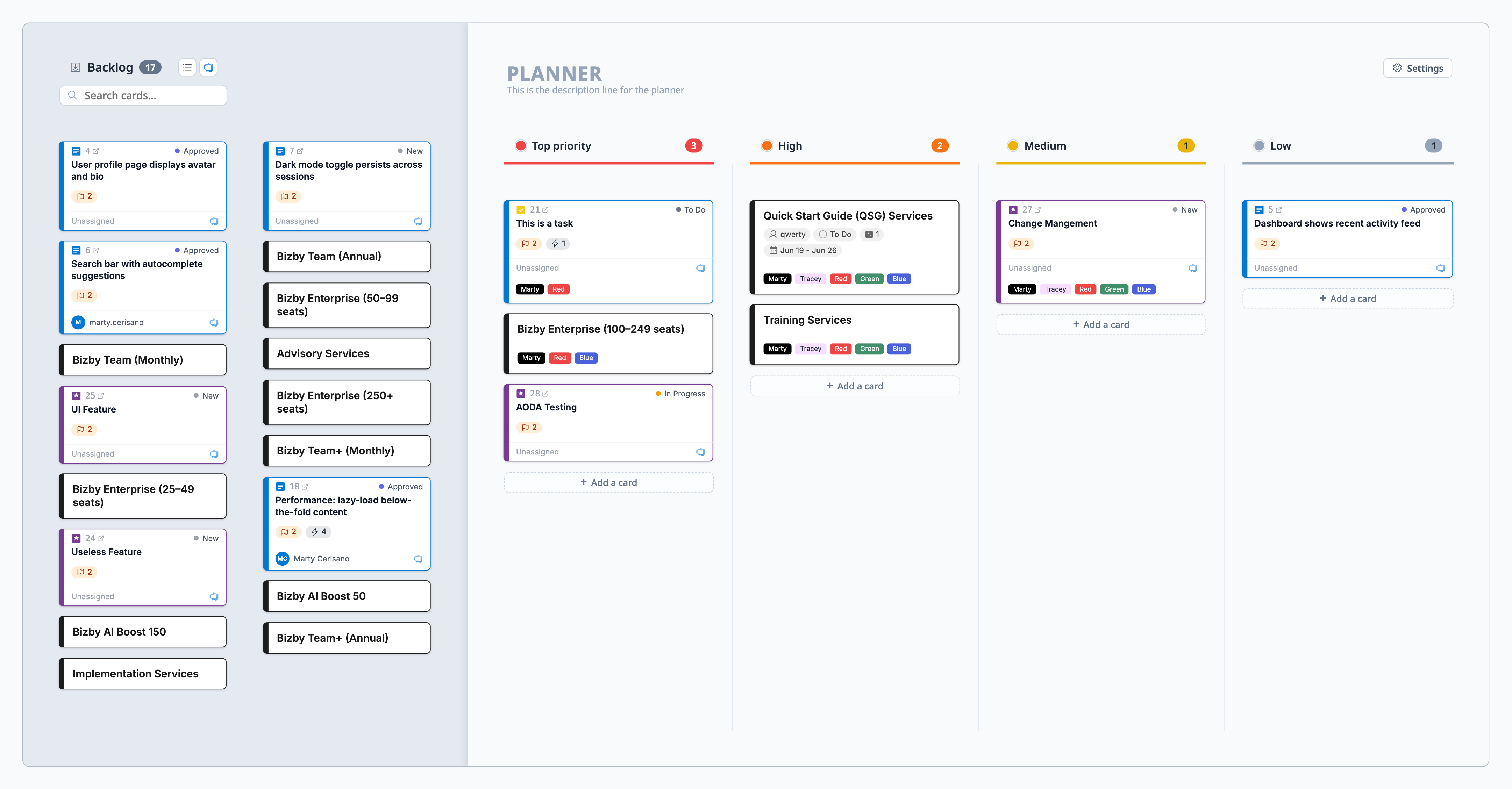 Planner with a backlog and Now / Next / Later columns