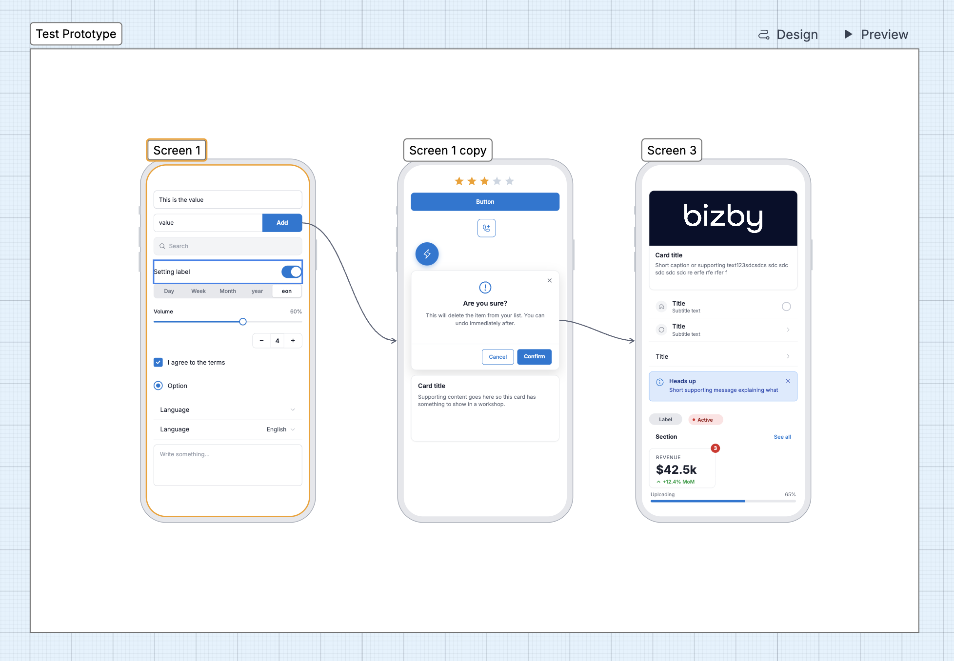 Prototype mode in Bizby — device screens with screen-to-screen flows visible on the canvas