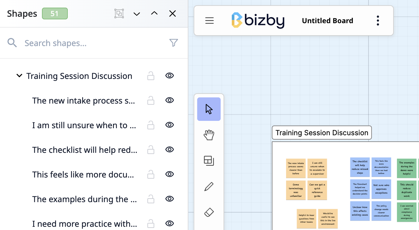 Board Search overview showing the Shapes panel with search bar and shape tree