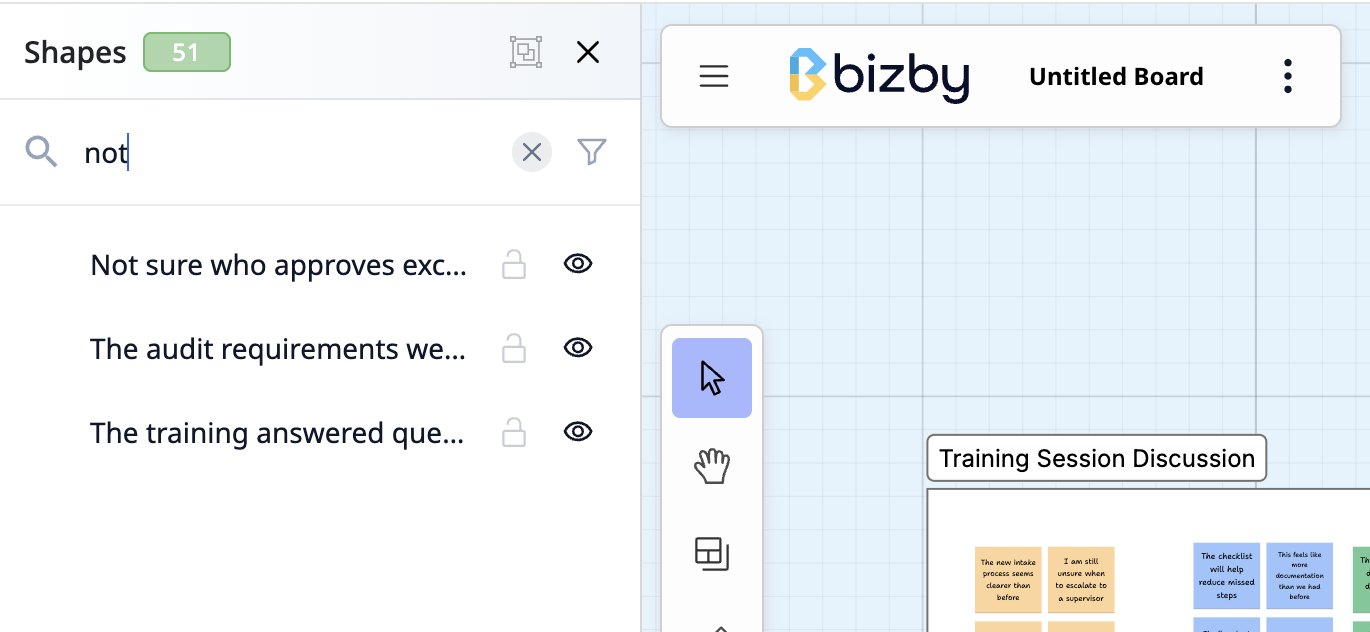 Board Search overview showing the Shapes panel with search bar and shape tree