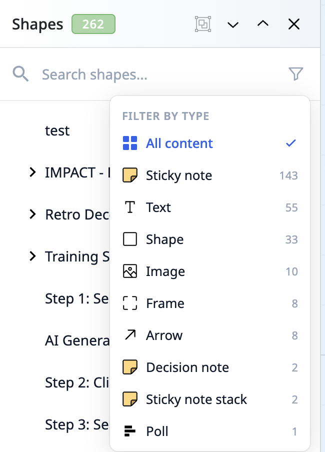 Board Search overview showing the Shapes panel with search bar and shape tree