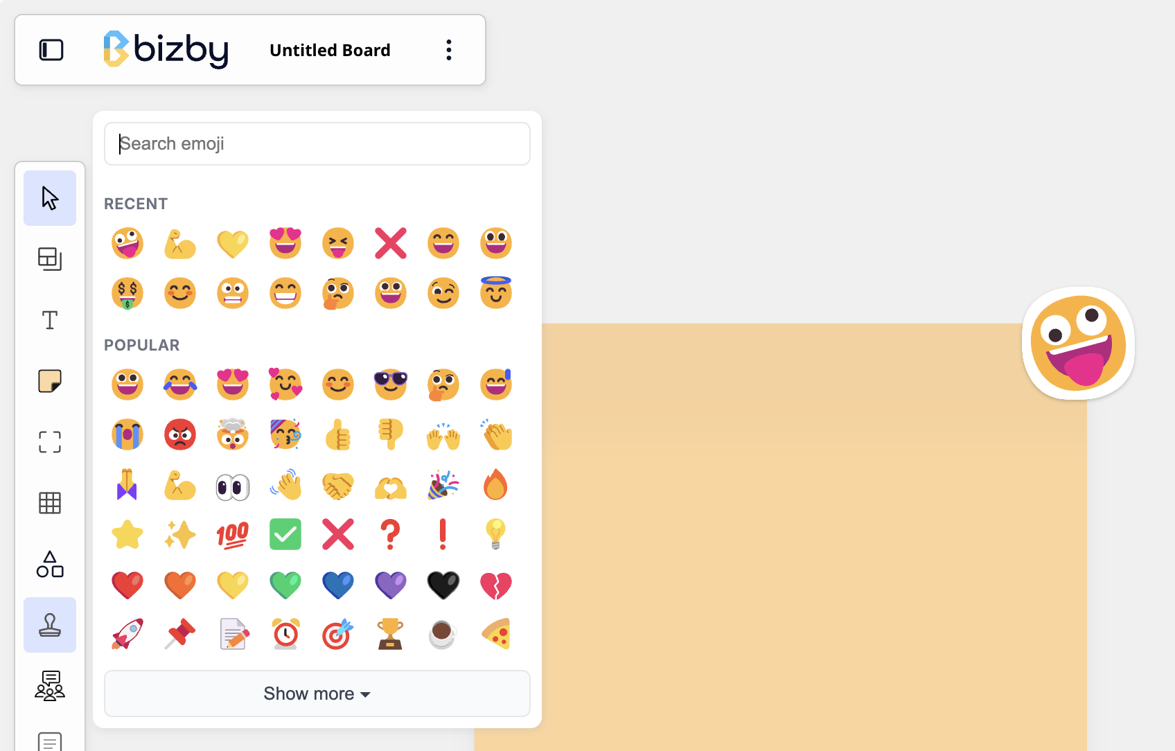 The Bizby emoji stamp picker with several emoji stamps placed on a board