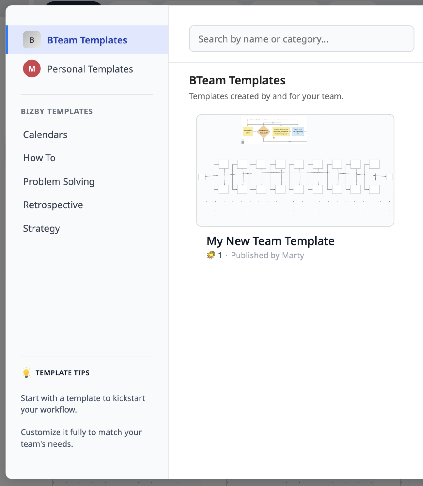 Bizby template picker with Personal and Team templates